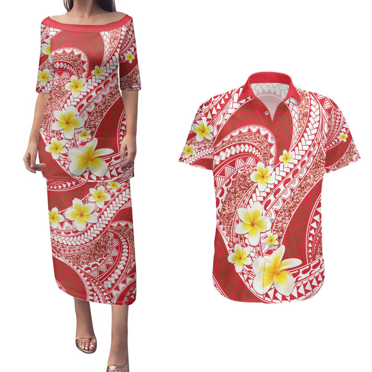 Plumeria Polynesian Coral Glitter Pattern Couples Matching Puletasi and Hawaiian Shirt LT01 Coral - Polynesian Pride