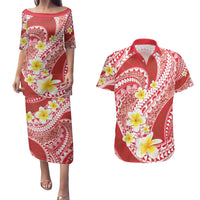 Plumeria Polynesian Coral Glitter Pattern Couples Matching Puletasi and Hawaiian Shirt LT01 Coral - Polynesian Pride