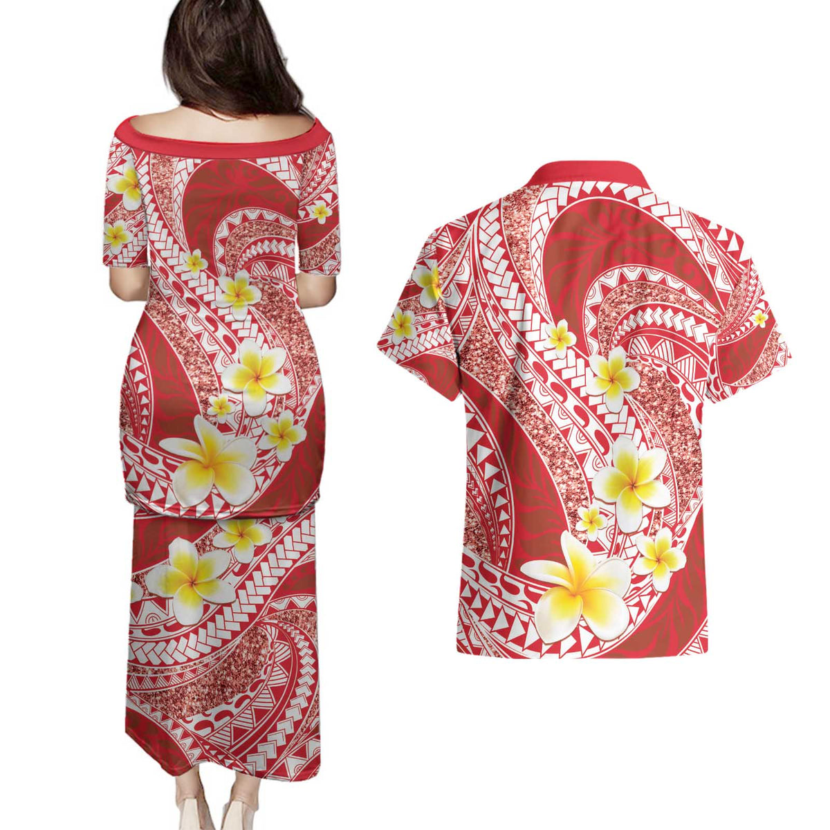 Plumeria Polynesian Coral Glitter Pattern Couples Matching Puletasi and Hawaiian Shirt LT01 - Polynesian Pride