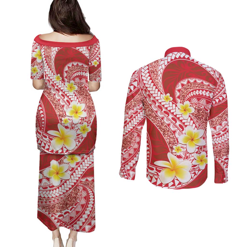 Plumeria Polynesian Coral Glitter Pattern Couples Matching Puletasi and Long Sleeve Button Shirt LT01 - Polynesian Pride