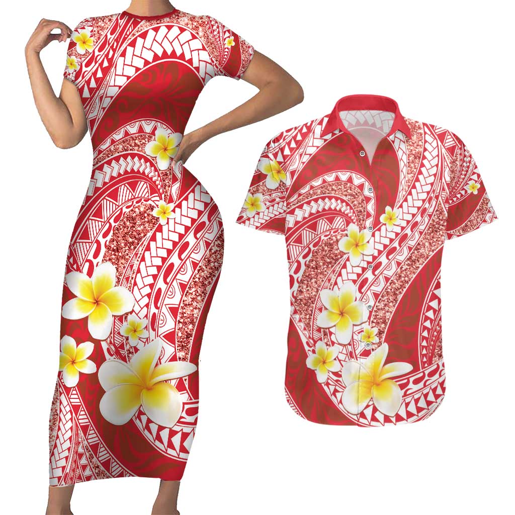 Plumeria Polynesian Coral Glitter Pattern Couples Matching Short Sleeve Bodycon Dress and Hawaiian Shirt LT01 Coral - Polynesian Pride