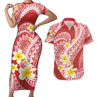 Plumeria Polynesian Coral Glitter Pattern Couples Matching Short Sleeve Bodycon Dress and Hawaiian Shirt LT01 Coral - Polynesian Pride