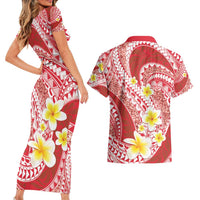 Plumeria Polynesian Coral Glitter Pattern Couples Matching Short Sleeve Bodycon Dress and Hawaiian Shirt LT01 - Polynesian Pride