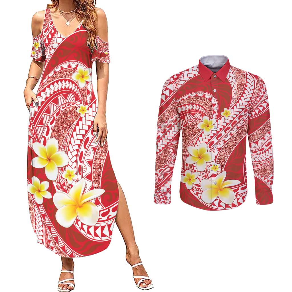 Plumeria Polynesian Coral Glitter Pattern Couples Matching Summer Maxi Dress and Long Sleeve Button Shirt