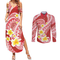 Plumeria Polynesian Coral Glitter Pattern Couples Matching Summer Maxi Dress and Long Sleeve Button Shirt
