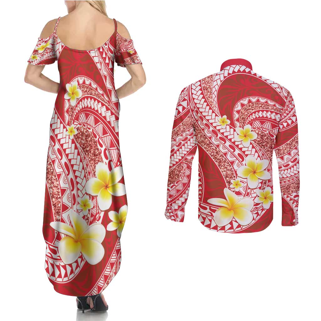 Plumeria Polynesian Coral Glitter Pattern Couples Matching Summer Maxi Dress and Long Sleeve Button Shirt