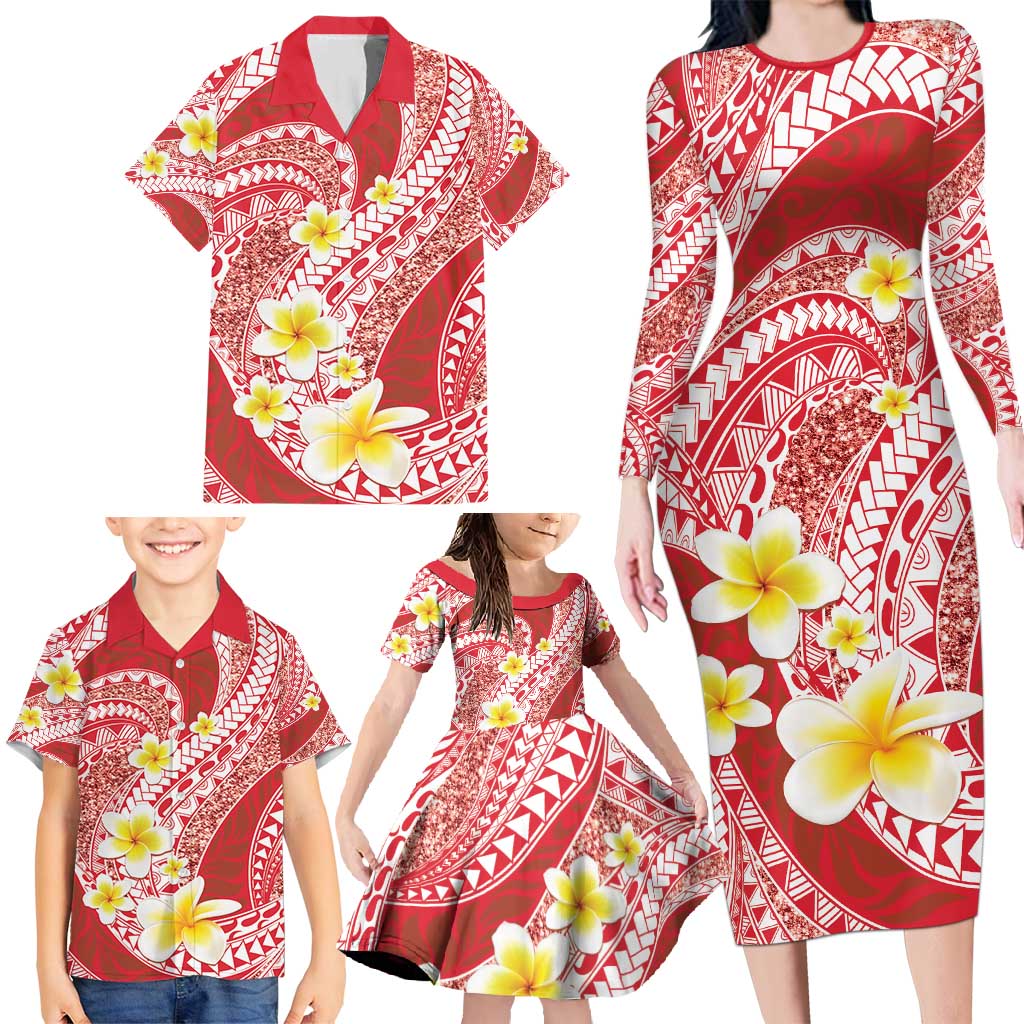 Plumeria Polynesian Coral Glitter Pattern Family Matching Long Sleeve Bodycon Dress and Hawaiian Shirt