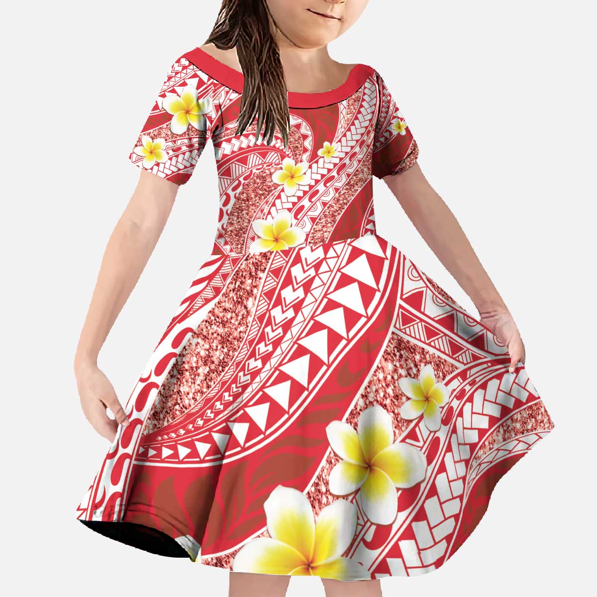 Plumeria Polynesian Coral Glitter Pattern Family Matching Off The Shoulder Long Sleeve Dress and Hawaiian Shirt