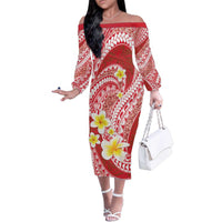 Plumeria Polynesian Coral Glitter Pattern Family Matching Off The Shoulder Long Sleeve Dress and Hawaiian Shirt