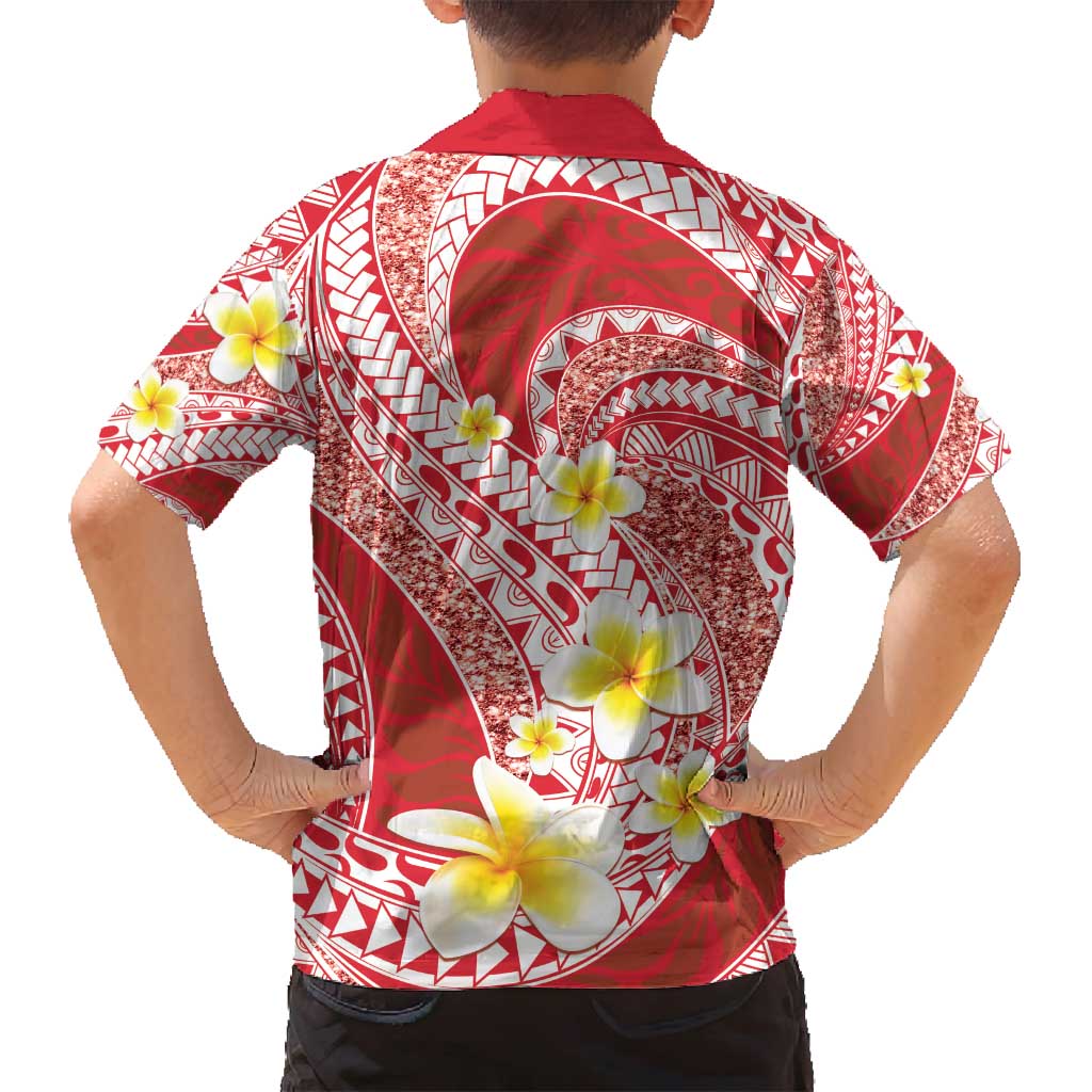 Plumeria Polynesian Coral Glitter Pattern Family Matching Off Shoulder Maxi Dress and Hawaiian Shirt