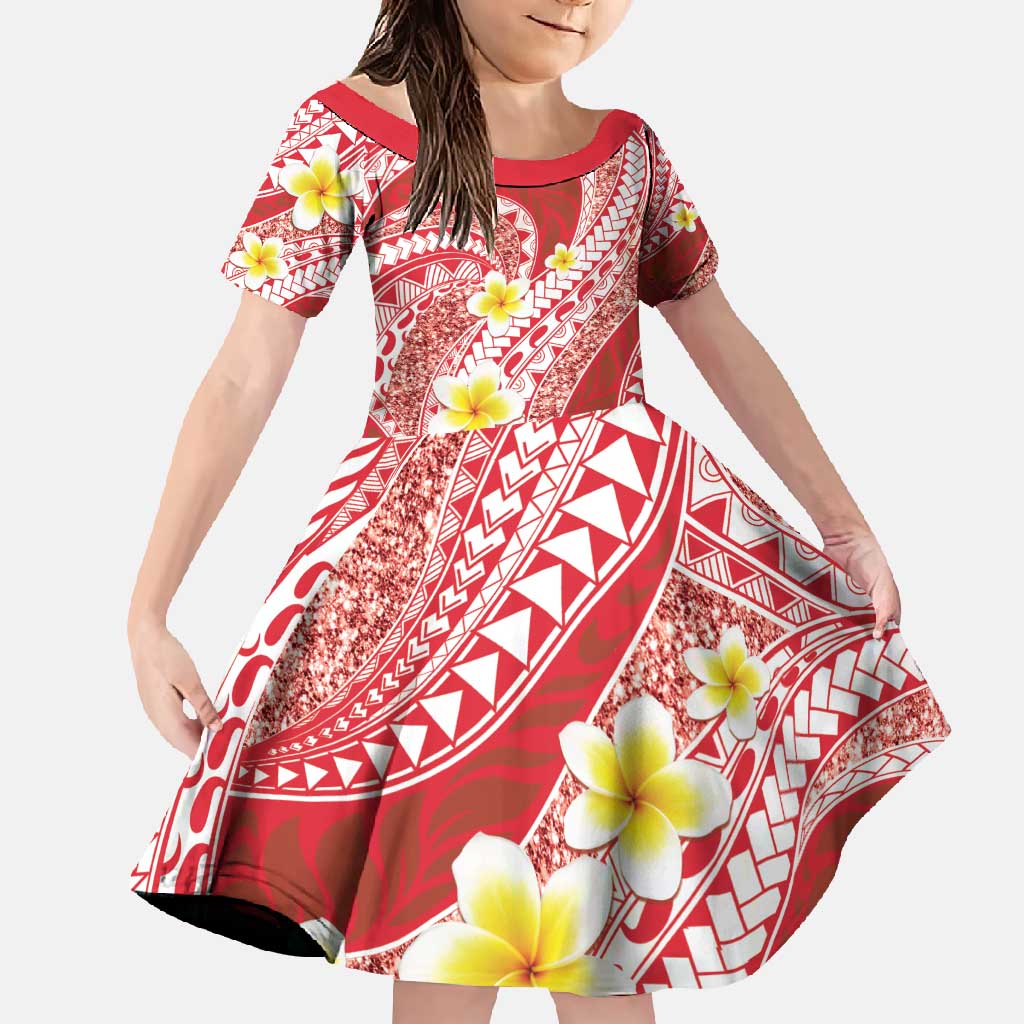 Plumeria Polynesian Coral Glitter Pattern Family Matching Off Shoulder Maxi Dress and Hawaiian Shirt