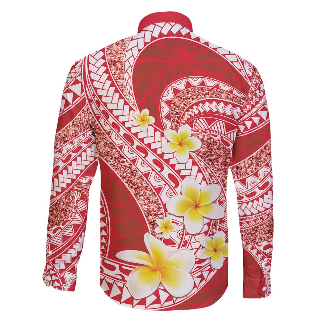 Plumeria Polynesian Coral Glitter Pattern Family Matching Off Shoulder Maxi Dress and Hawaiian Shirt