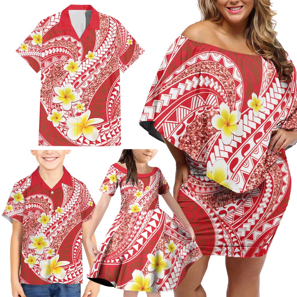 Plumeria Polynesian Coral Glitter Pattern Family Matching Off Shoulder Short Dress and Hawaiian Shirt