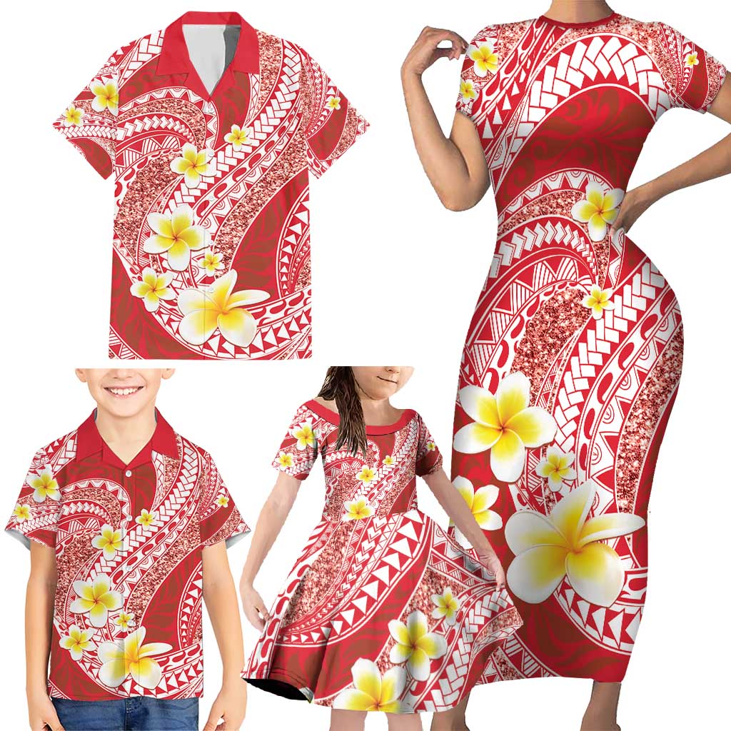 Plumeria Polynesian Coral Glitter Pattern Family Matching Short Sleeve Bodycon Dress and Hawaiian Shirt