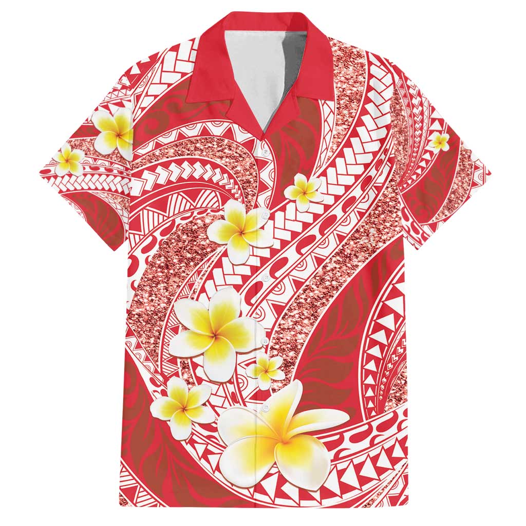 Plumeria Polynesian Coral Glitter Pattern Family Matching Summer Maxi Dress and Hawaiian Shirt