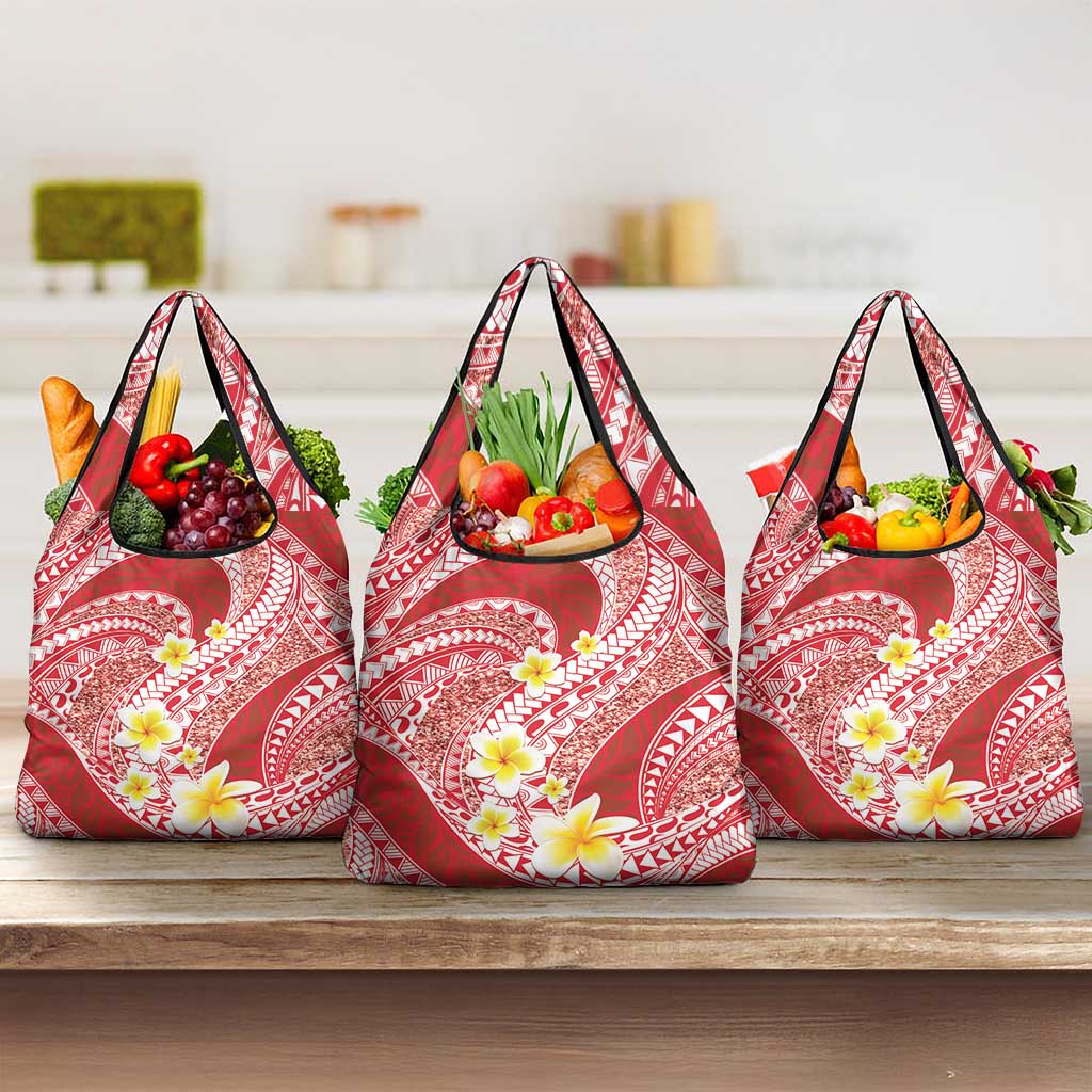 Plumeria Polynesian Coral Glitter Pattern Grocery Bag LT01 3-pack One Size Coral - Polynesian Pride