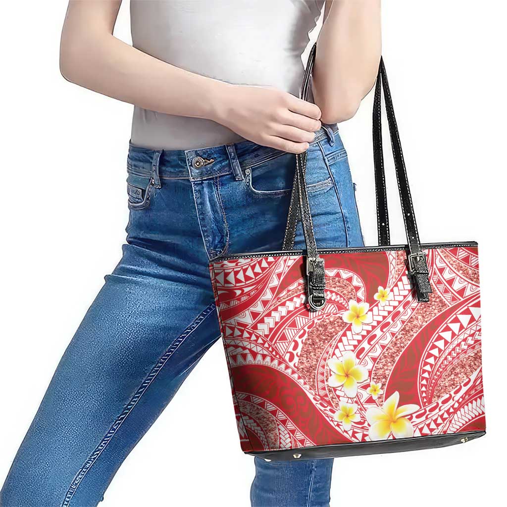 Plumeria Polynesian Coral Glitter Pattern Leather Tote Bag
