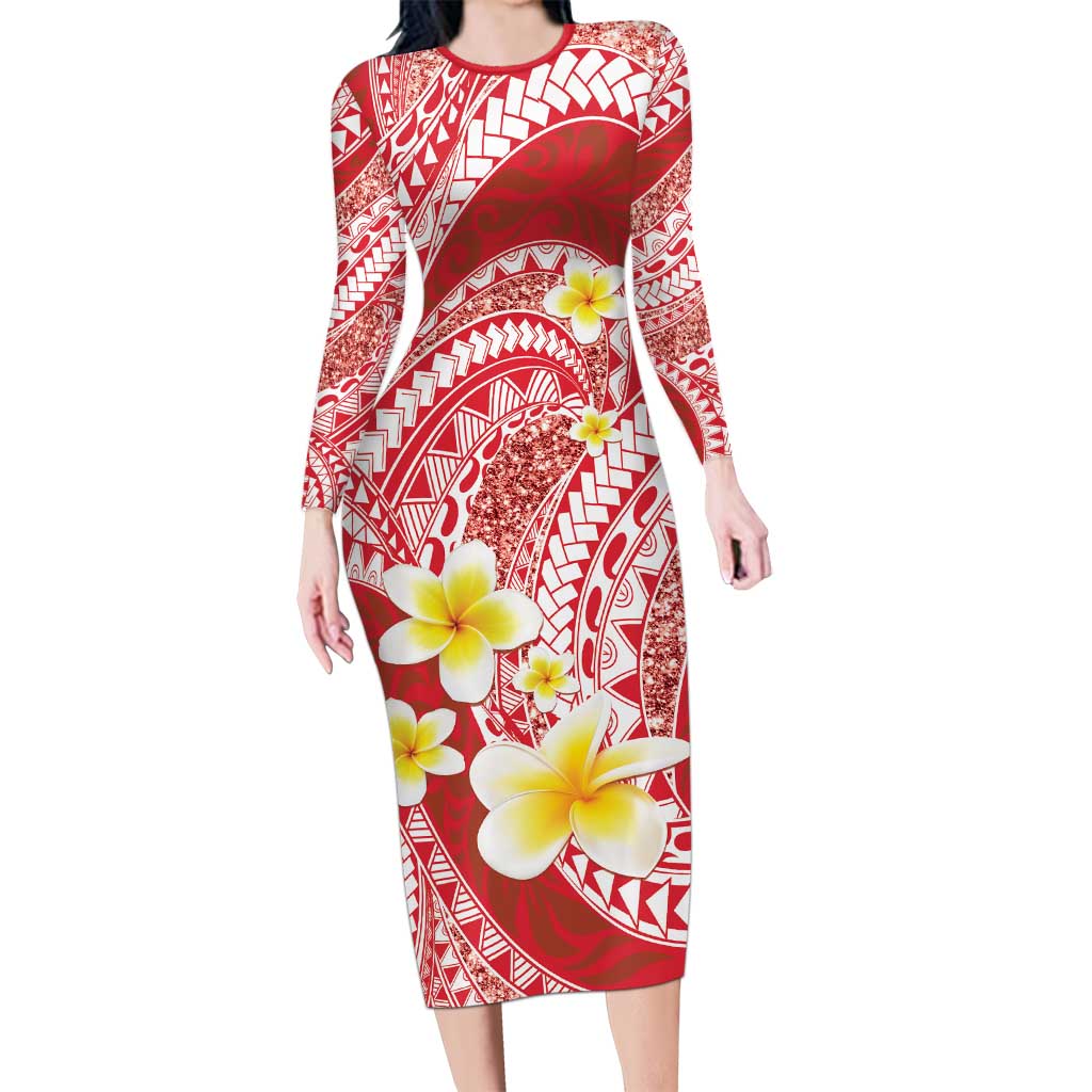 Plumeria Polynesian Coral Glitter Pattern Long Sleeve Bodycon Dress