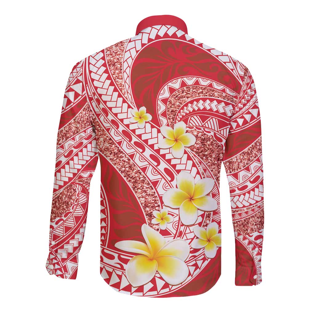 Plumeria Polynesian Coral Glitter Pattern Long Sleeve Button Shirt LT01 - Polynesian Pride