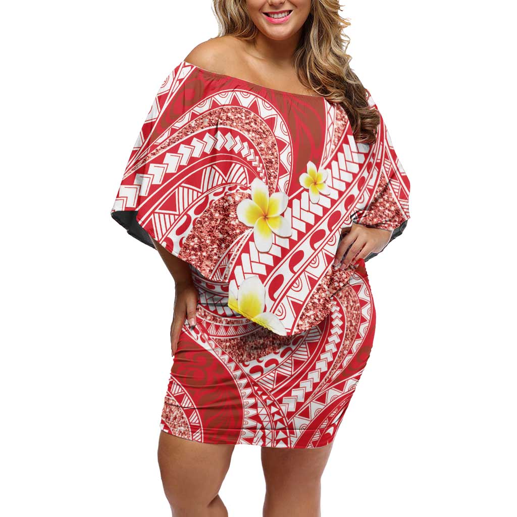Plumeria Polynesian Coral Glitter Pattern Off Shoulder Short Dress LT01 Women Coral - Polynesian Pride