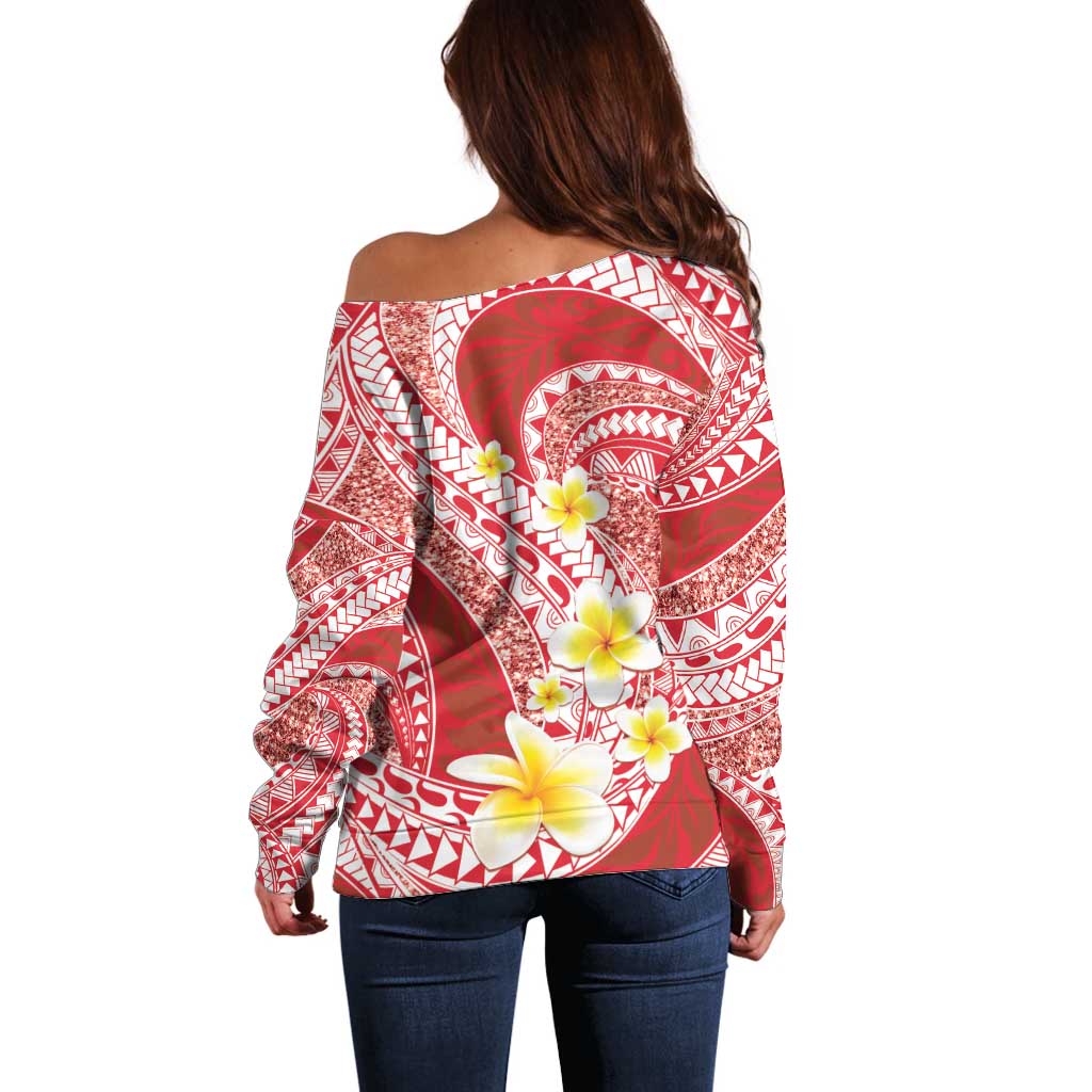 Plumeria Polynesian Coral Glitter Pattern Off Shoulder Sweater