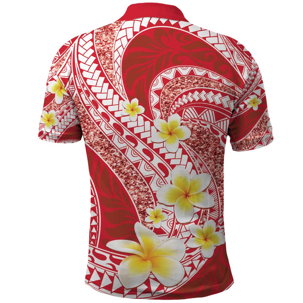 Plumeria Polynesian Coral Glitter Pattern Polo Shirt
