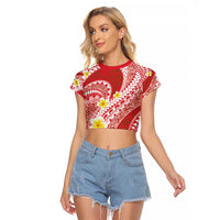Plumeria Polynesian Coral Glitter Pattern Raglan Cropped T Shirt LT01 Female Coral - Polynesian Pride