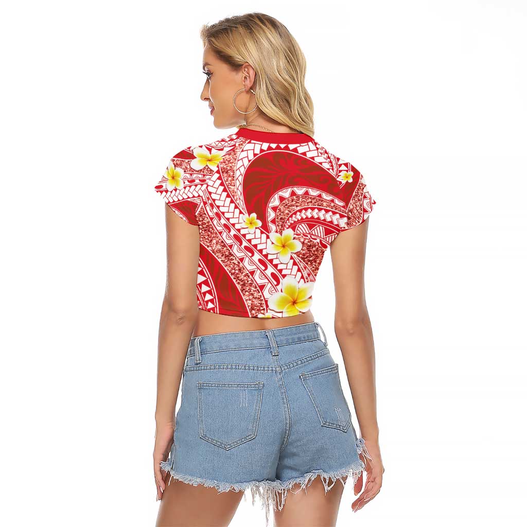 Plumeria Polynesian Coral Glitter Pattern Raglan Cropped T Shirt LT01 - Polynesian Pride