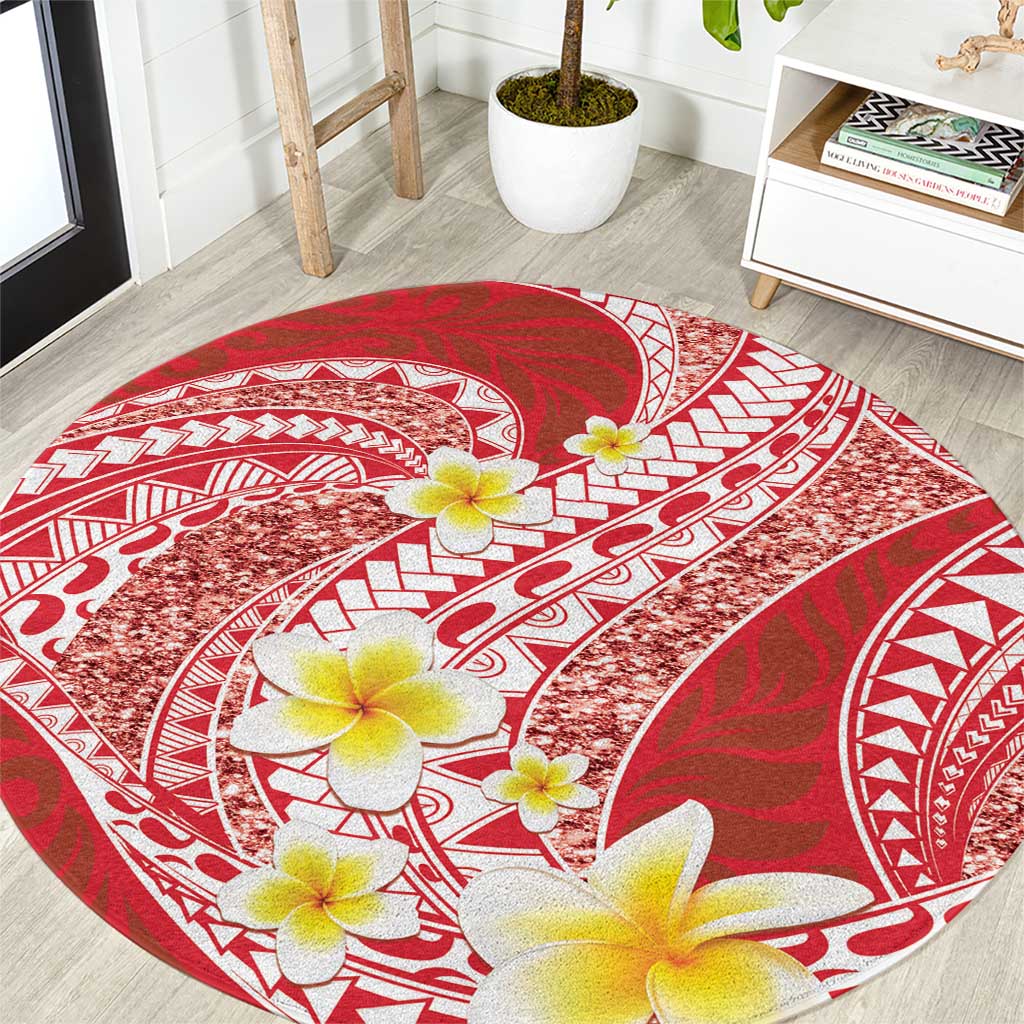 Plumeria Polynesian Coral Glitter Pattern Round Carpet