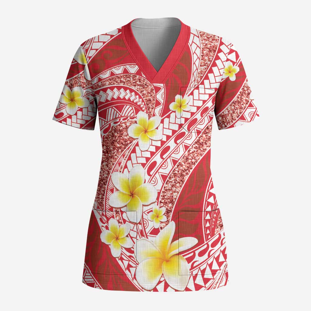 Plumeria Polynesian Coral Glitter Pattern Scrub Top LT01 Adult Coral - Polynesian Pride