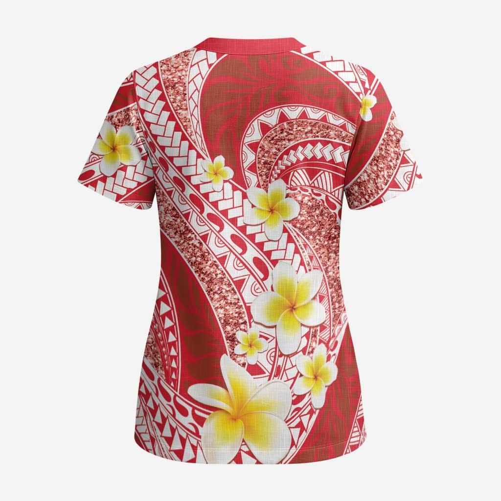 Plumeria Polynesian Coral Glitter Pattern Scrub Top LT01 - Polynesian Pride