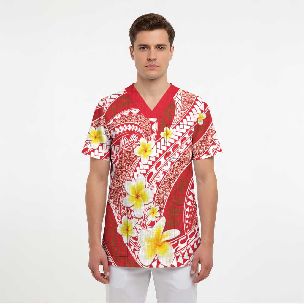 Plumeria Polynesian Coral Glitter Pattern Scrub Top LT01 - Polynesian Pride