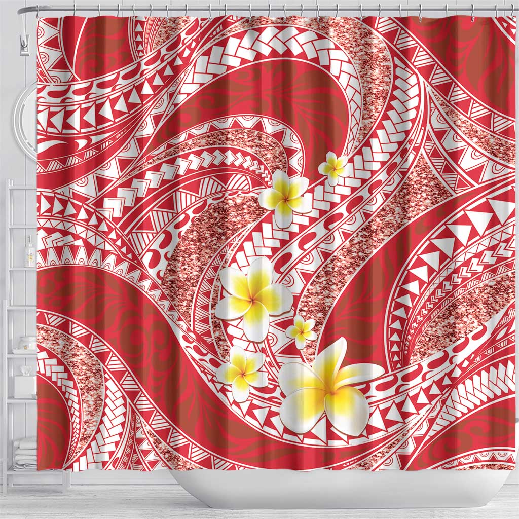 Plumeria Polynesian Coral Glitter Pattern Shower Curtain