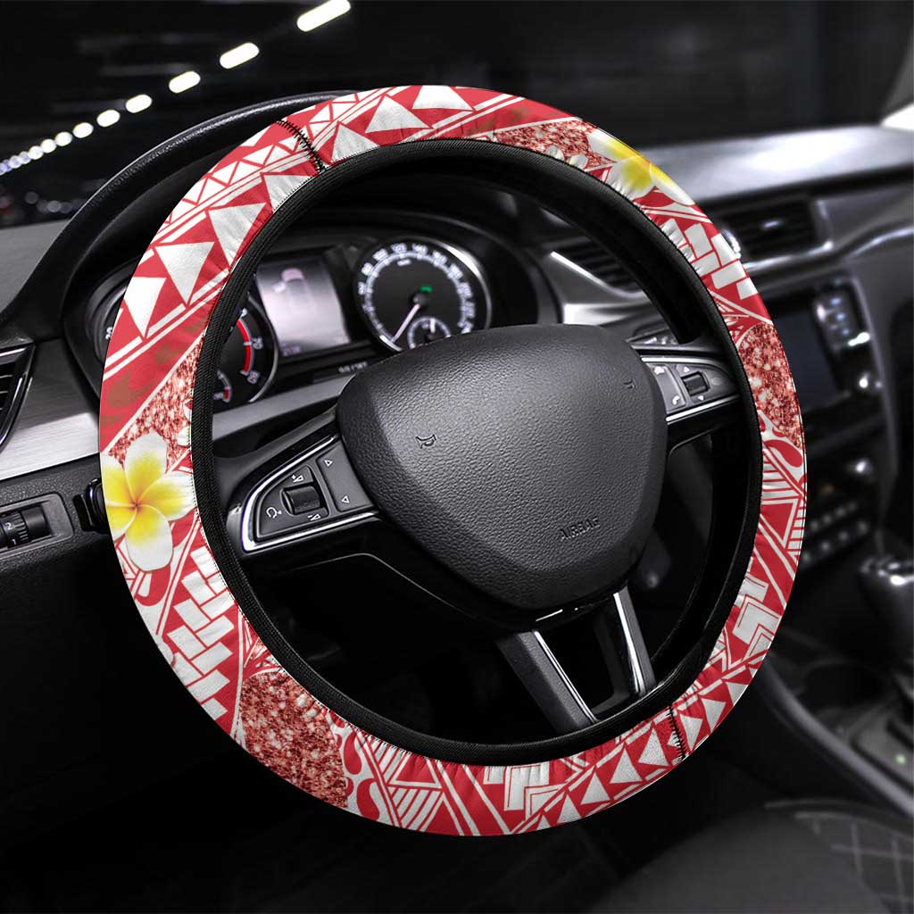 Plumeria Polynesian Coral Glitter Pattern Steering Wheel Cover LT01 Universal Fit Coral - Polynesian Pride