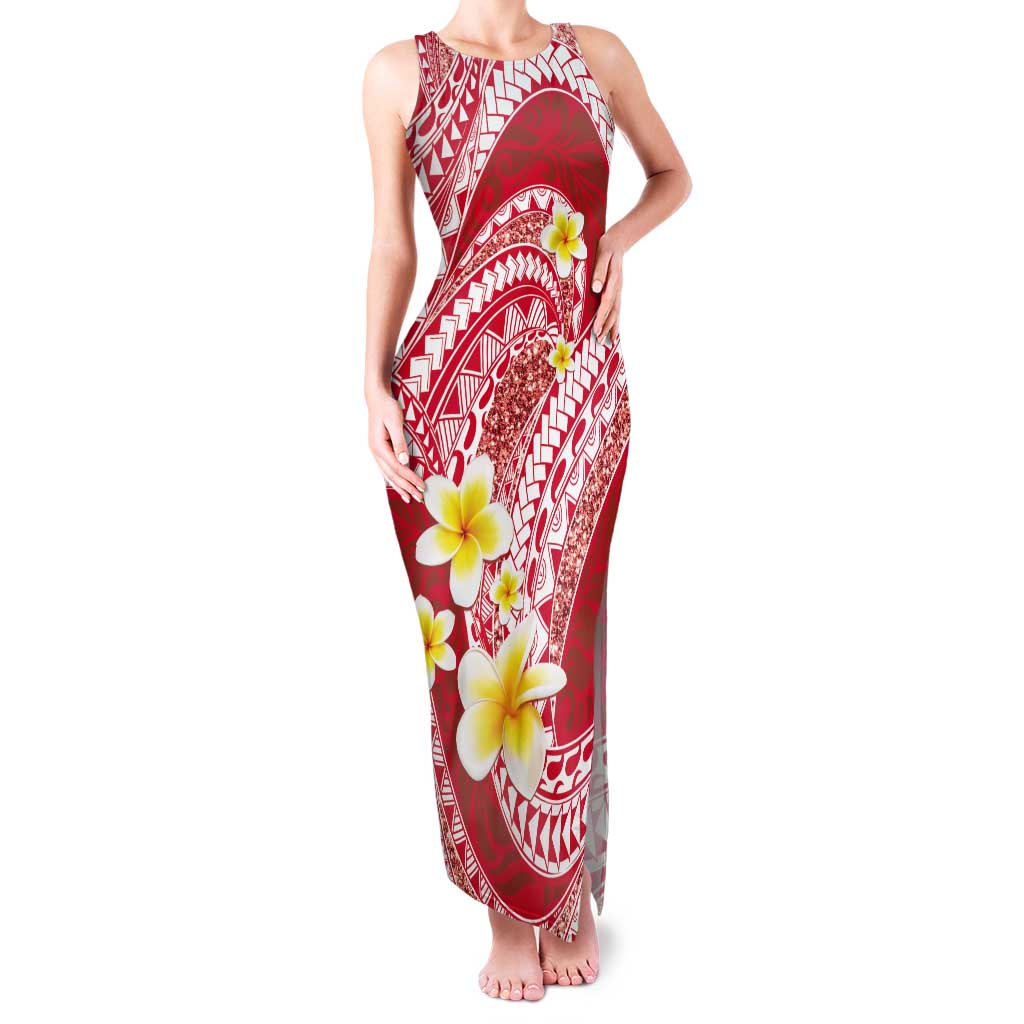 Plumeria Polynesian Coral Glitter Pattern Tank Maxi Dress LT01 Women Coral - Polynesian Pride