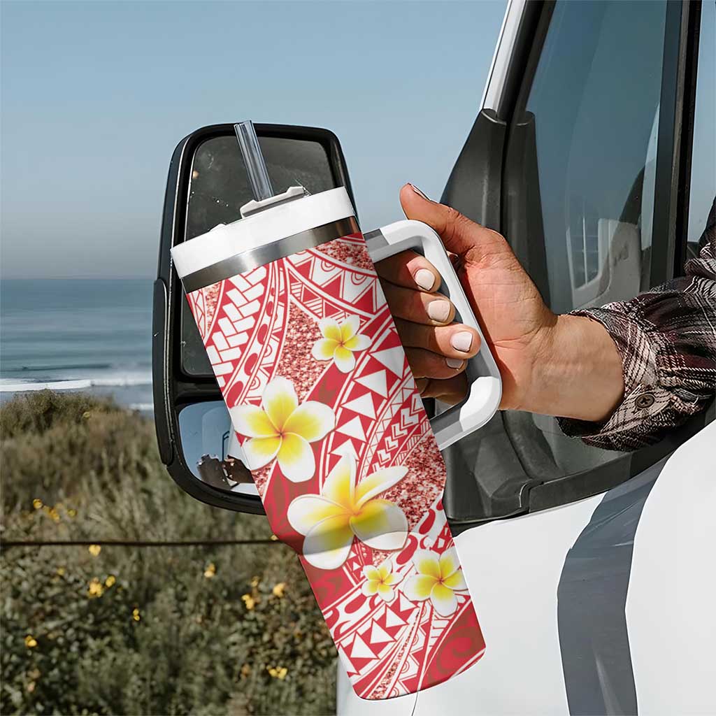 Plumeria Polynesian Coral Glitter Pattern Tumbler With Handle LT01 - Polynesian Pride