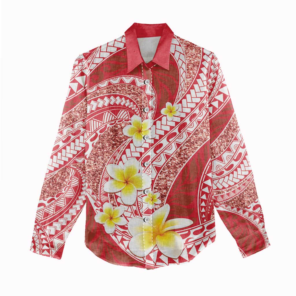 Plumeria Polynesian Coral Glitter Pattern Women Casual Shirt