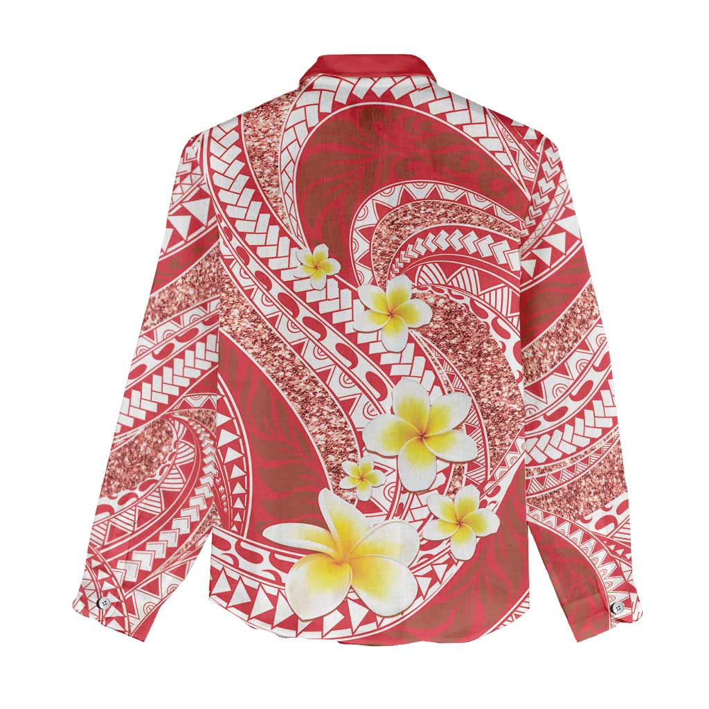 Plumeria Polynesian Coral Glitter Pattern Women Casual Shirt