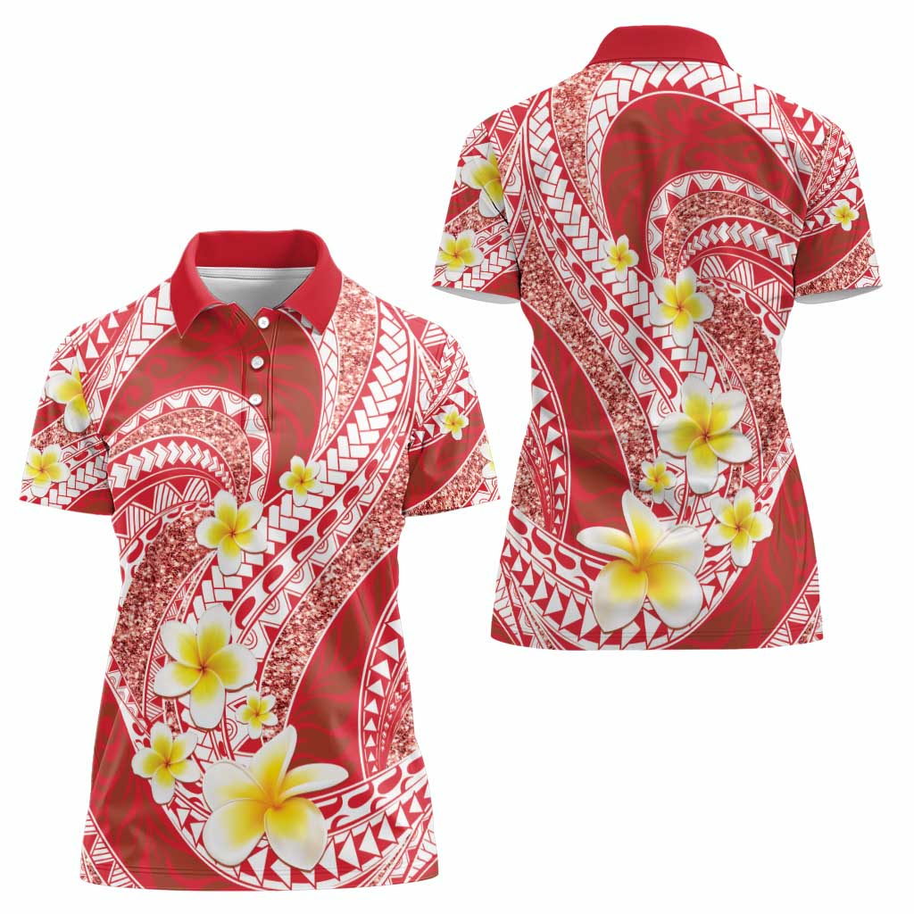 Plumeria Polynesian Coral Glitter Pattern Women Polo Shirt