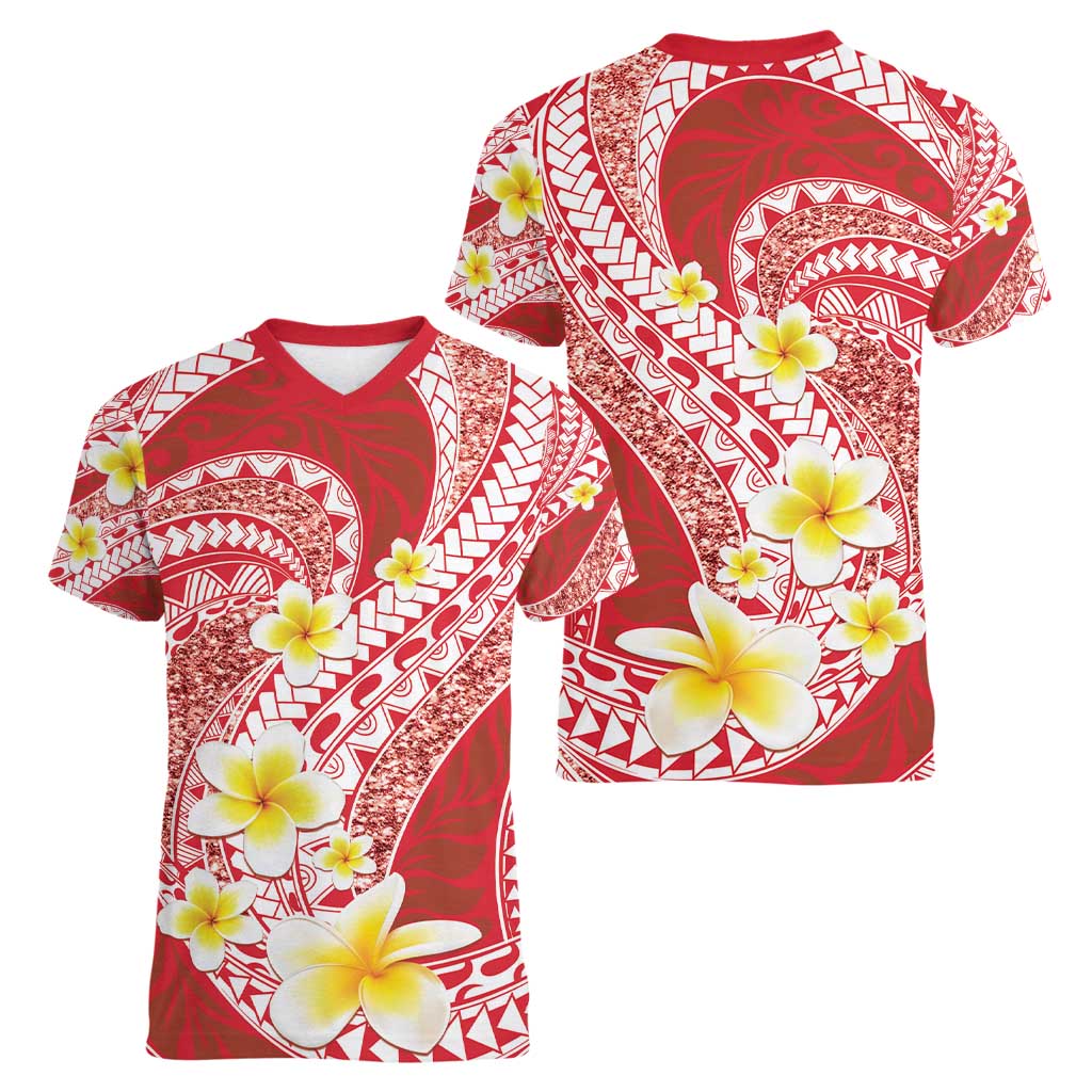 Plumeria Polynesian Coral Glitter Pattern Women V-Neck T-Shirt LT01 - Polynesian Pride