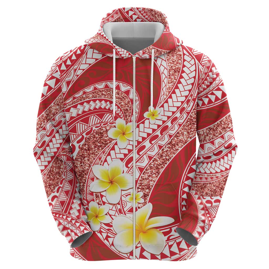 Plumeria Polynesian Coral Glitter Pattern Zip Hoodie