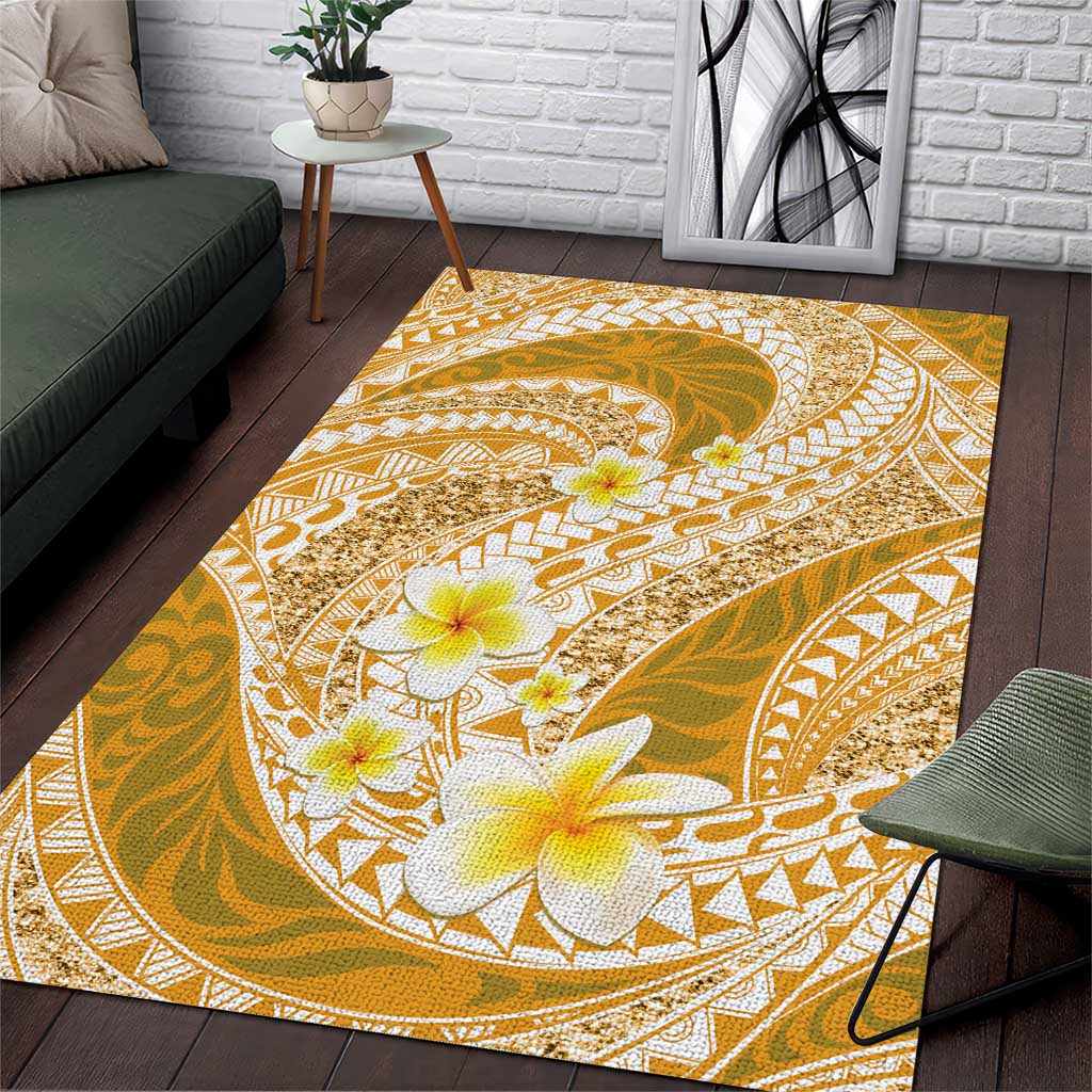 Plumeria Polynesian Gold Glitter Pattern Area Rug