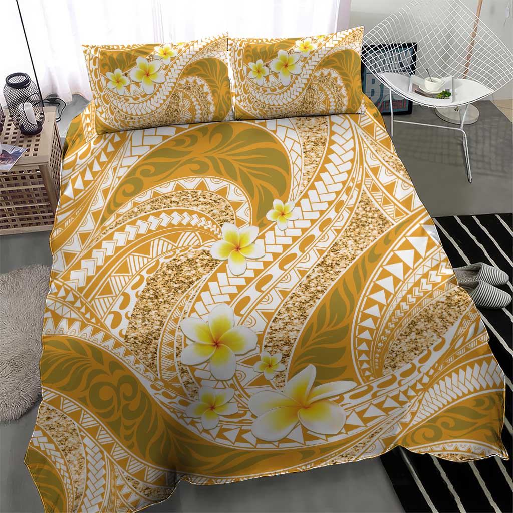 Plumeria Polynesian Gold Glitter Pattern Bedding Set