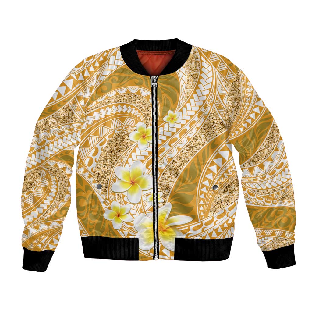 Plumeria Polynesian Gold Glitter Pattern Bomber Jacket