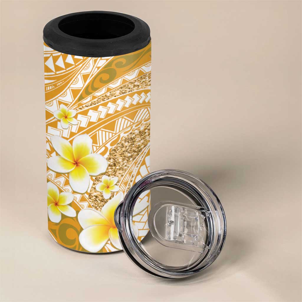 Plumeria Polynesian Gold Glitter Pattern 4 in 1 Can Cooler Tumbler LT01 - Polynesian Pride