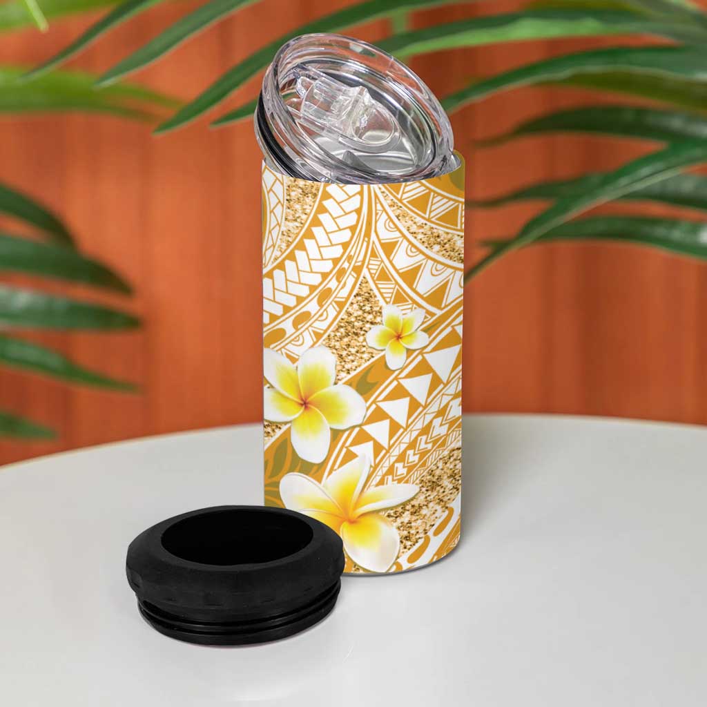Plumeria Polynesian Gold Glitter Pattern 4 in 1 Can Cooler Tumbler LT01 - Polynesian Pride