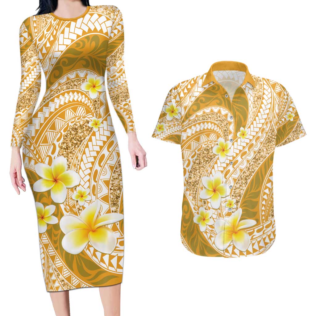 Plumeria Polynesian Gold Glitter Pattern Couples Matching Long Sleeve Bodycon Dress and Hawaiian Shirt LT01 Gold - Polynesian Pride