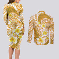 Plumeria Polynesian Gold Glitter Pattern Couples Matching Long Sleeve Bodycon Dress and Long Sleeve Button Shirt LT01 - Polynesian Pride