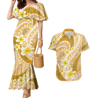 Plumeria Polynesian Gold Glitter Pattern Couples Matching Mermaid Dress and Hawaiian Shirt LT01 Gold - Polynesian Pride