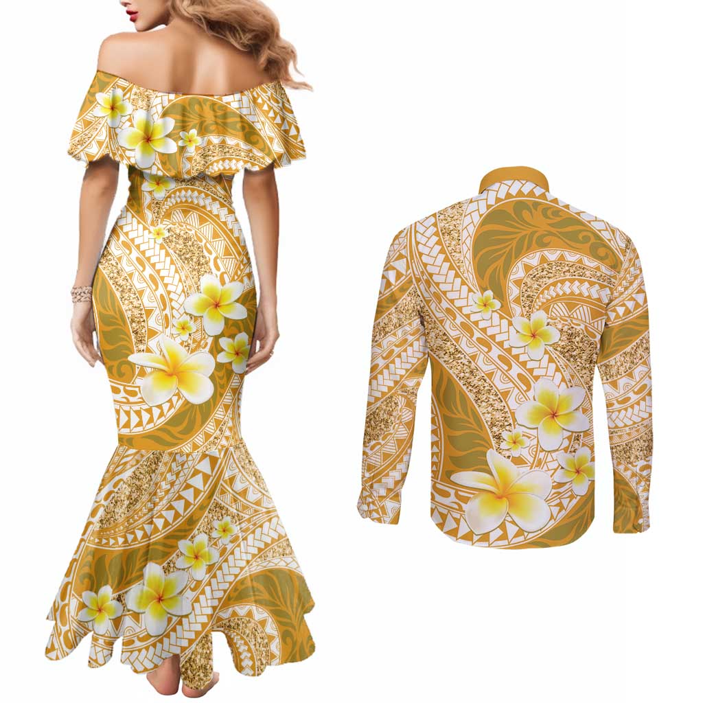 Plumeria Polynesian Gold Glitter Pattern Couples Matching Mermaid Dress and Long Sleeve Button Shirt LT01 - Polynesian Pride